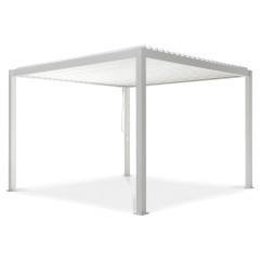 Bílá hliníková pergola Gutroof Premium 3x3 m s otočnými lamelami na střeše v izolovaném pohledu na bílém pozadí