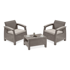 Zahradní set Keter Corfu Weekend Cappuccino se dvěma křesly s podsedáky a nízkým stolkem v ratanovém designu