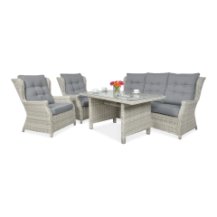 Zahradní set Bjørkka TRIVENTO DINING 3 White Grey se stolem a pohovkou s šedými polstry na bílém pozadí