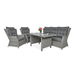 Zahradní set Bjørkka TRIVENTO DINING 3 Stone Grey obsahující stůl se skleněnou deskou, pohovku a dvě křesla s šedými polstry