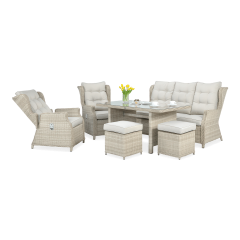 Béžová zahradní sestava Bjørkka Baltimore Dining Beige s pohovkou, křesly, pufy a jídelním stolem se skleněnou deskou