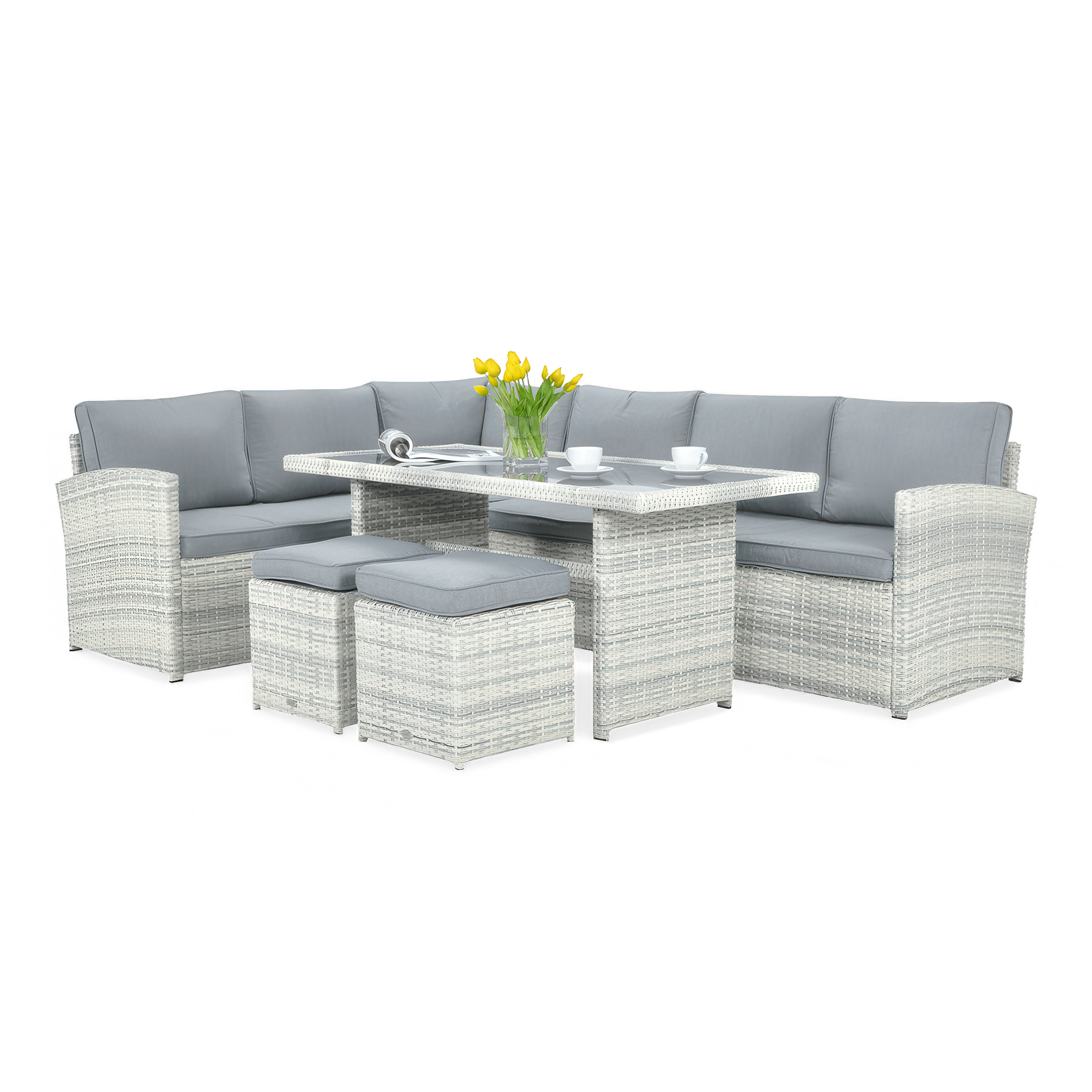 Technorattan rohový SALO + PUFY Bílá šedá