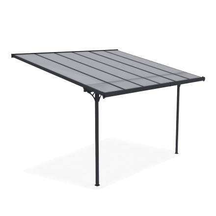 Šedá hliníková pergola Hardmaister Atlanta 3,7x3 m s polykarbonátovou střechou na bílém pozadí