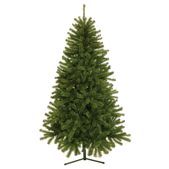 Hustý umělý smrk MoodMe Winterberry o výšce 190 cm ve stojanu na černém pozadí