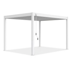 Bílá hliníková pergola Gutroof ELEGANCE 3x4 m s nastavitelnou lamelovou střechou a ruční klikou na bílém pozadí