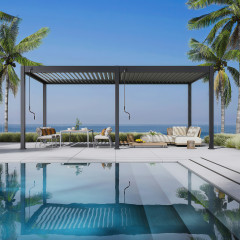 Antracitová hliníková bioklimatická pergola Gutroof ELEGANCE 3x6 m s lamelovou střechou u bazénu na terase s palmami