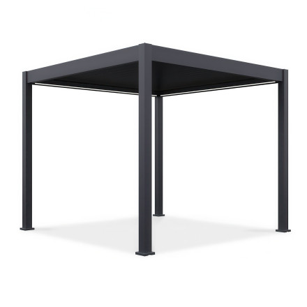 Antracitová hliníková pergola Gutroof ELEGANCE AUTOMATIC 3x3 m s kovovou konstrukcí na bílém podkladu