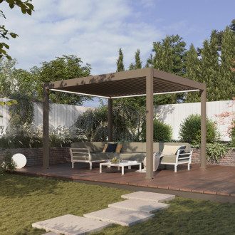 Hliníková pergola Gutroof ELEGANCE AUTOMATIC 3x4 m Taupe s LED osvětlením na dřevěné terase s posezením v zahradě