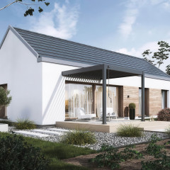 Antracitová hliníková pergola ke stěně Gutroof ELEGANCE WALL na terase moderního domu