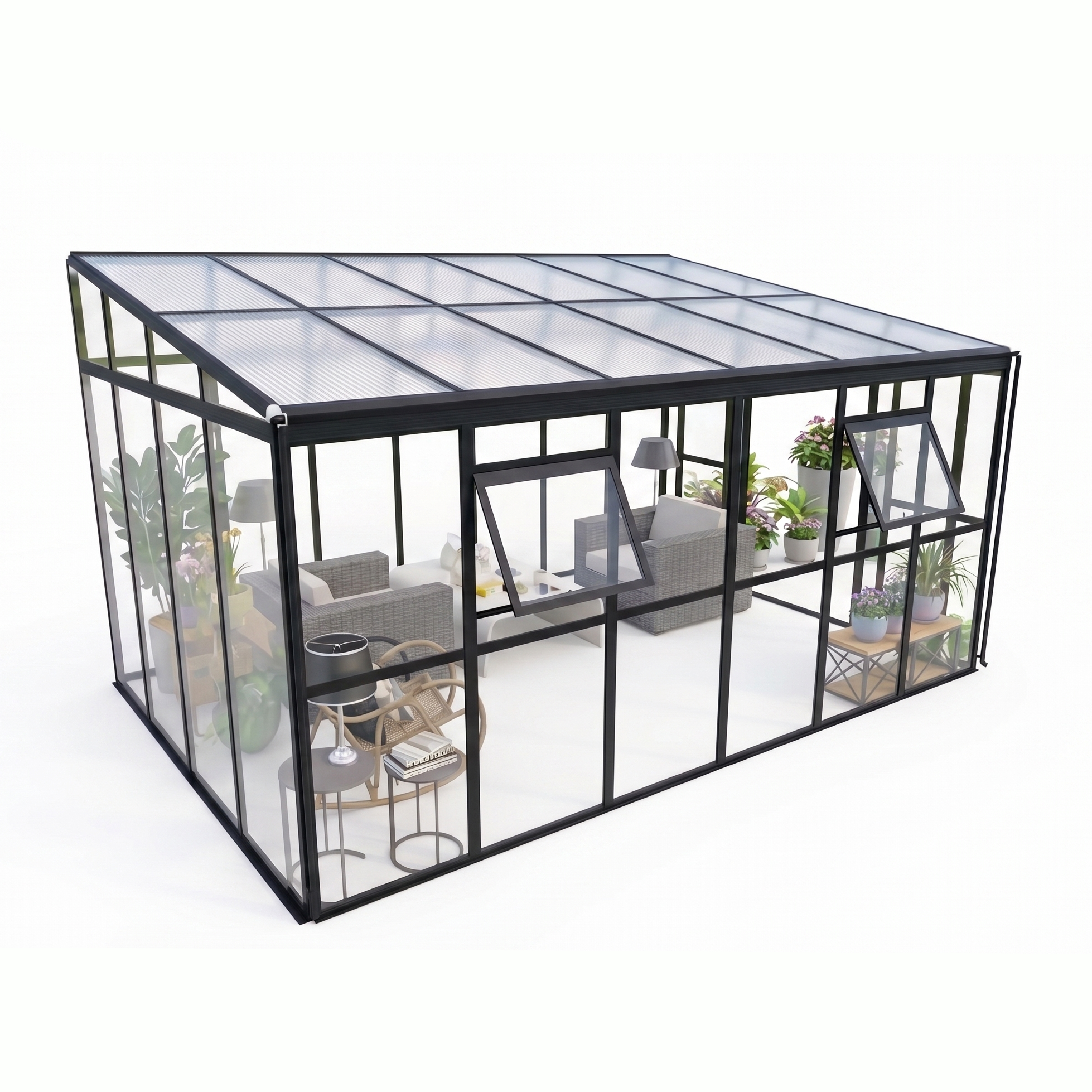Oranżeria SOHO Black 434x290cm PC + Glass - Gutroof, widok z góry, aranżacja w ogrodzie, szklana konstrukcja