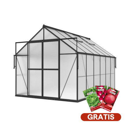 czarna szklarnia z poliwęglanu na rozsady w aranżacji na tarasie