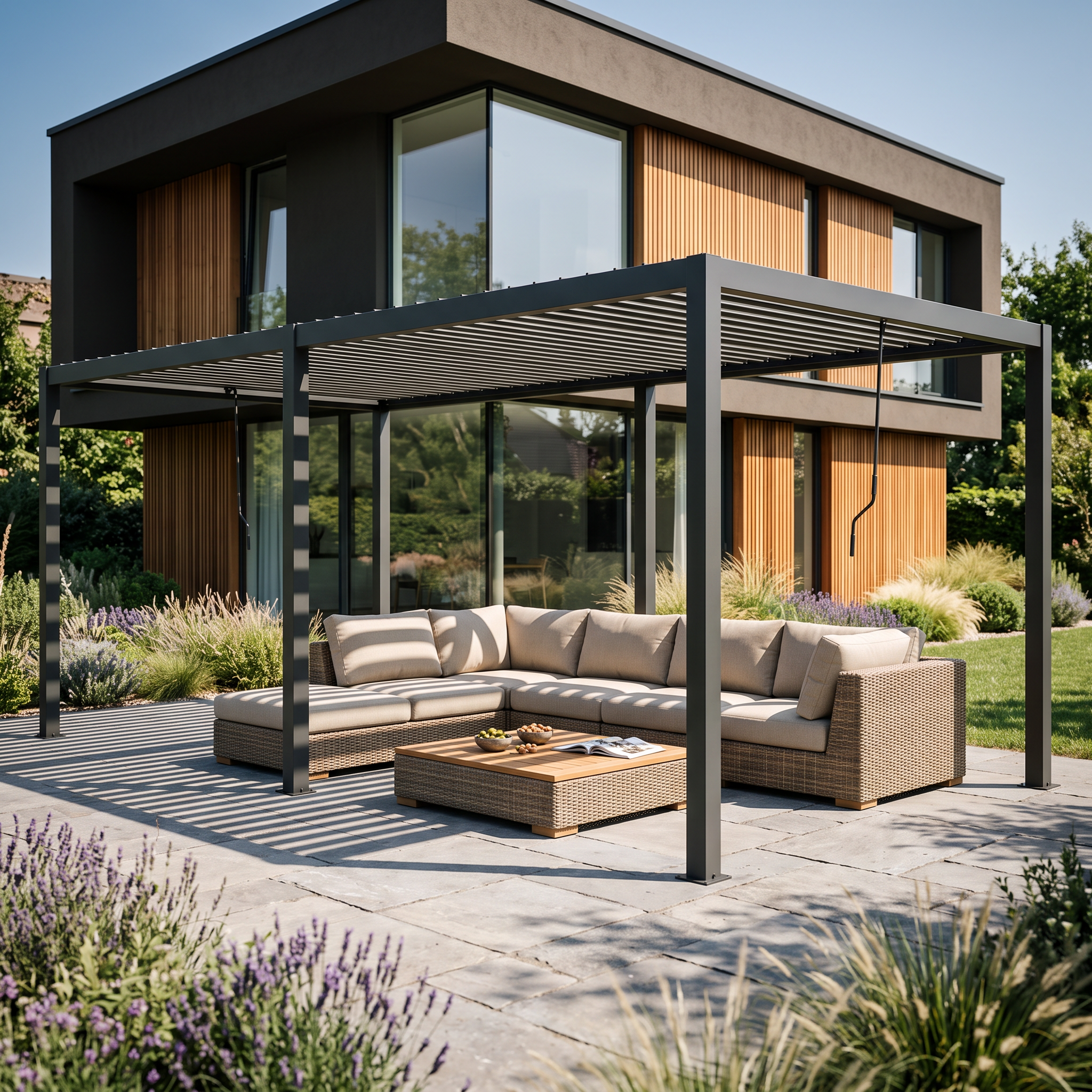 Antracitová zahradní pergola Gutroof PRIMARY 3x5,8 m stojící na terase u rodinného domu se zahradním nábytkem