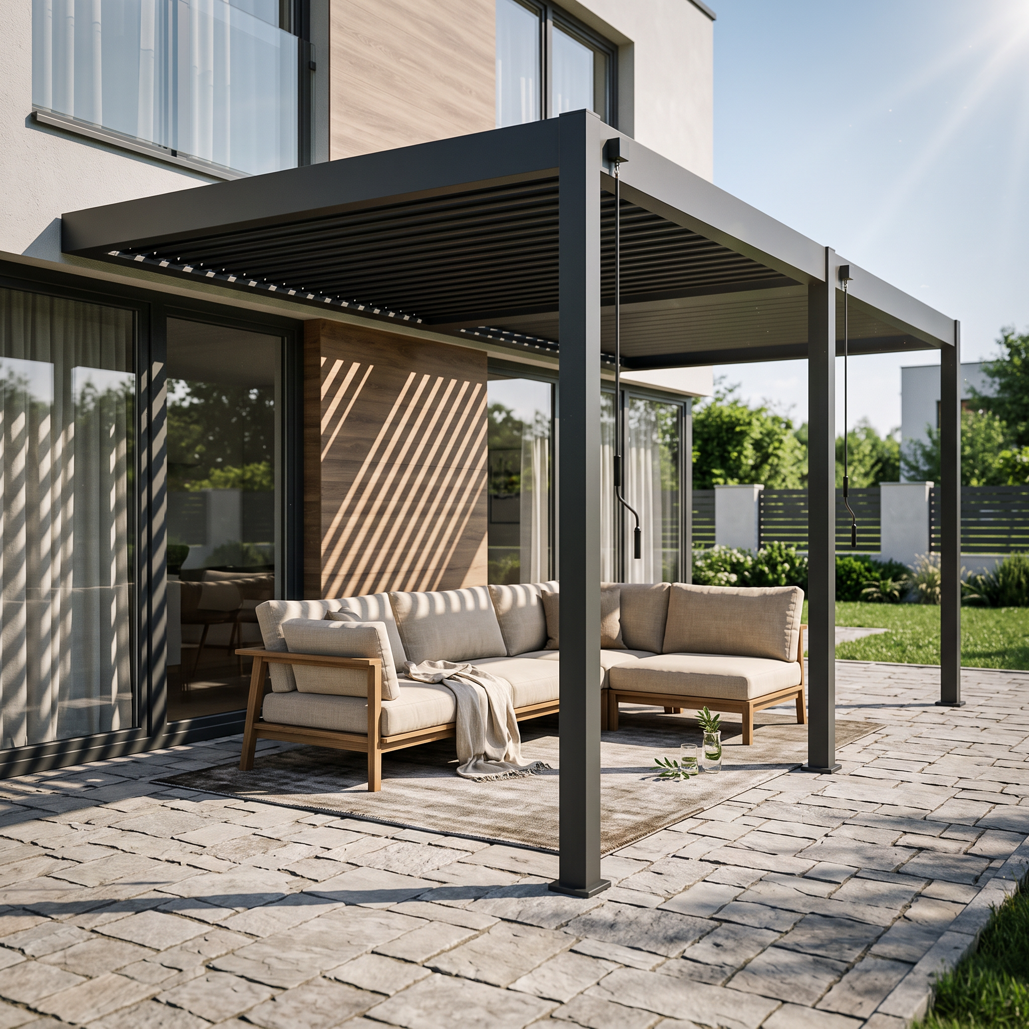 Hliníková pergola ke stěně Gutroof ELEGANCE WALL 3x6 m antracit s polouzavřenými střešními lamelami a klikami na ovládání