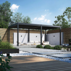 Antracitová hliníková pergola Gutroof DELUXE 3,6x6 m umístěná na moderní terase se zahradním nábytkem v slunném dni
