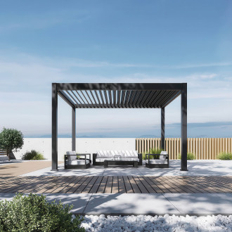 Antracitová hliníková pergola Gutroof DELUXE PRO 3x4 m s LED osvětlením na zahradní terase se sedací soupravou