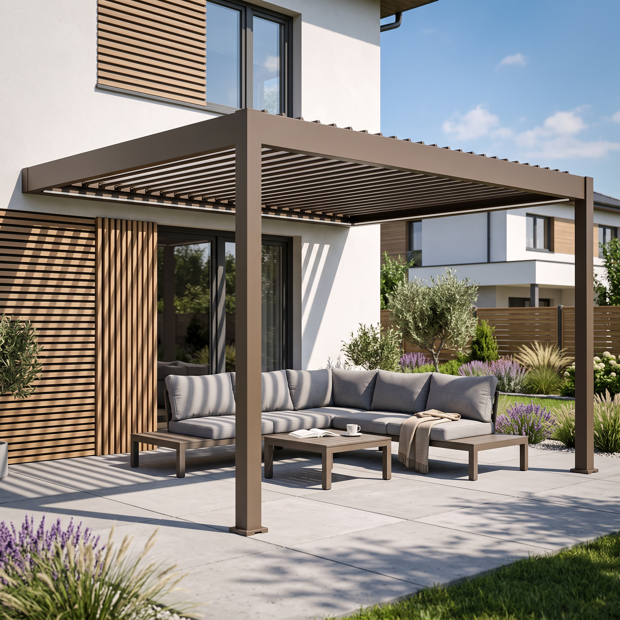 Hliníková pergola ke zdi Gutroof ELEGANCE WALL 3x4 m v barvě taupe na bílém pozadí