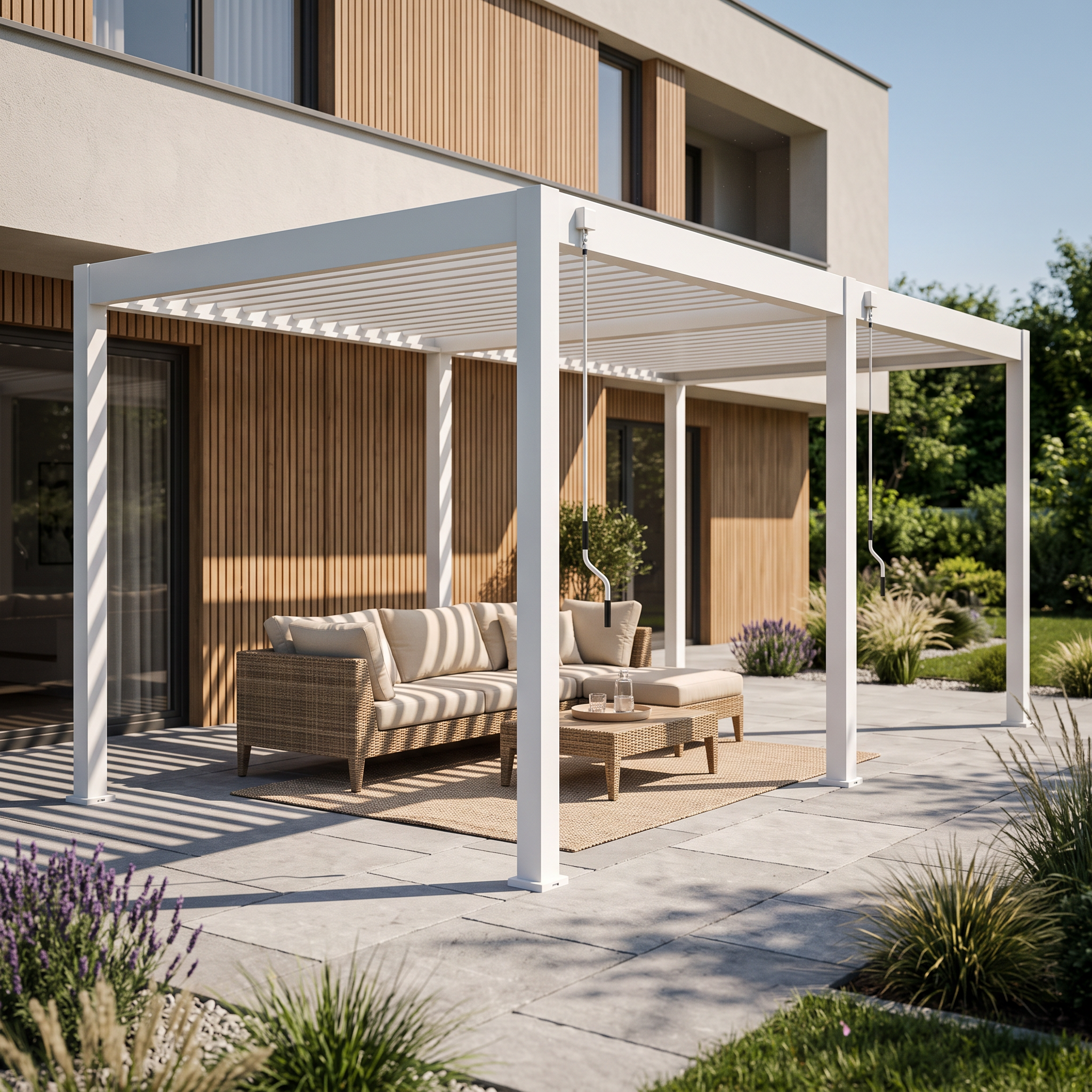 Bílá hliníková pergola Gutroof ELEGANCE 3x6 m s otočnými lamelami nad posezením u bazénu na zahradě