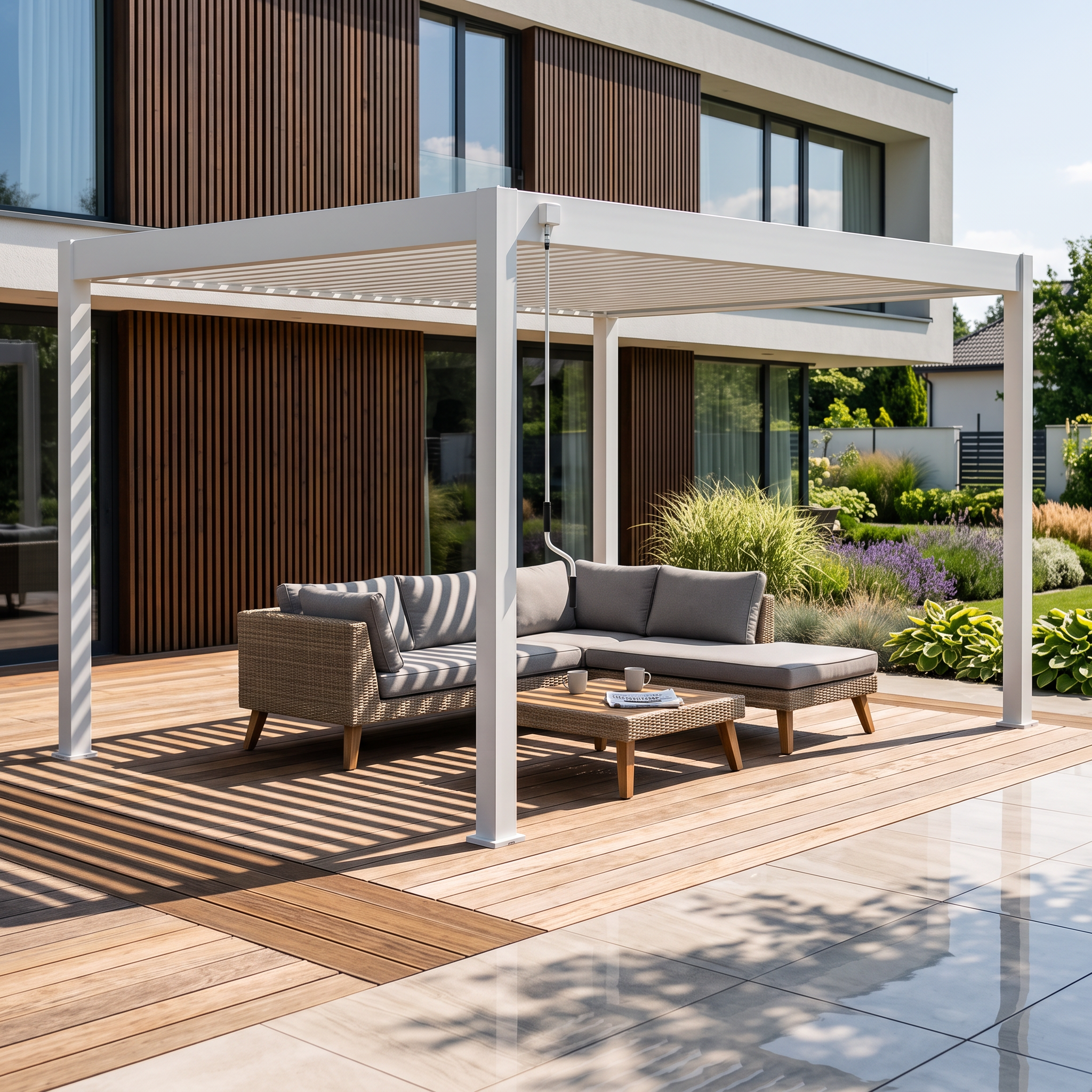 Bílá hliníková pergola Gutroof ELEGANCE 3x4 m s nastavitelnou lamelovou střechou a ruční klikou na bílém pozadí