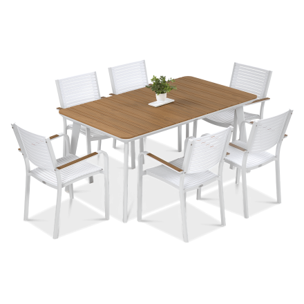 Bílý zahradní jídelní set Tacoma - 160cm stůl a šest židlí