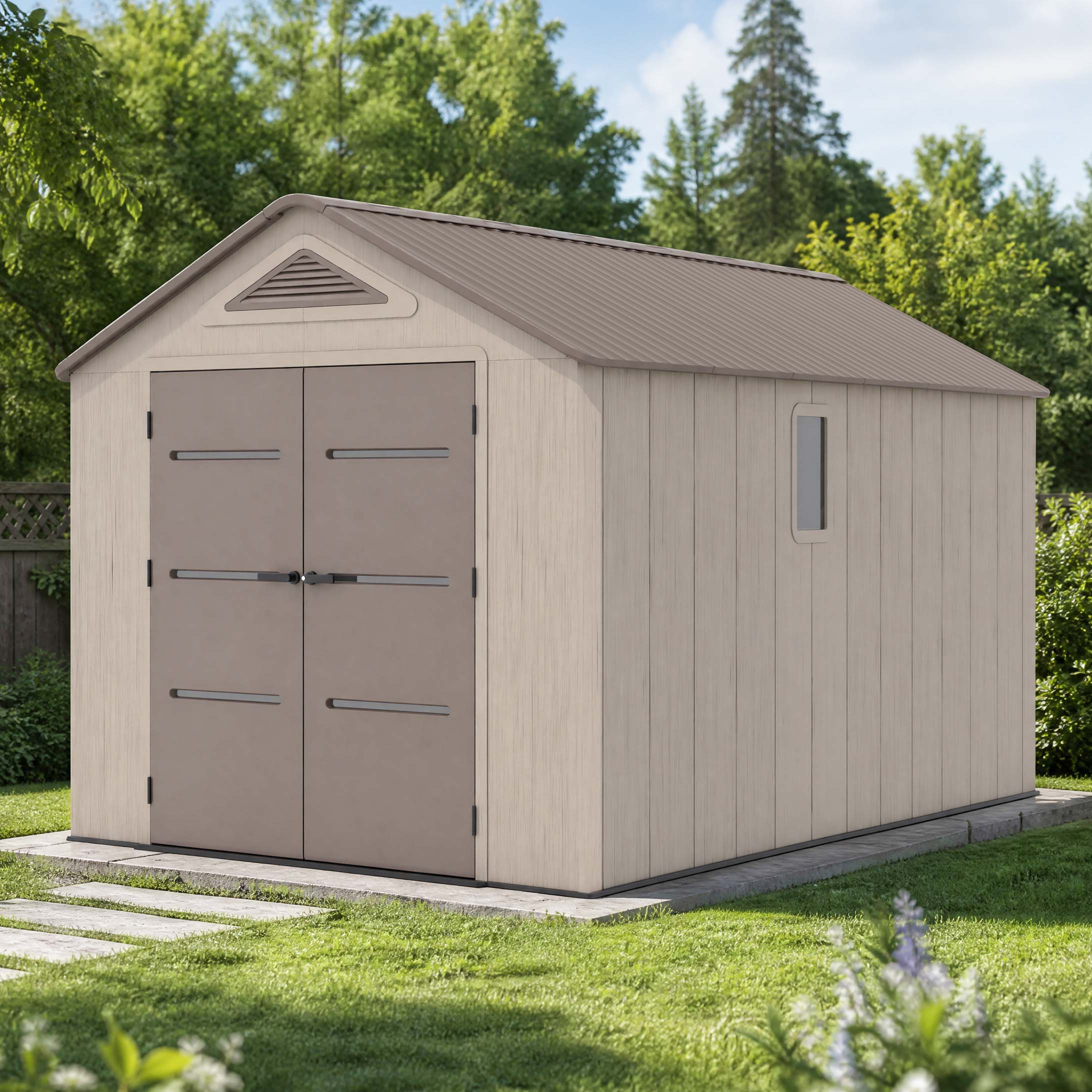 Zahradní domek EVEREST 8x14 Brown HARDMAISTER s dvojitými dveřmi a oknem na zahradě pod modrou oblohou