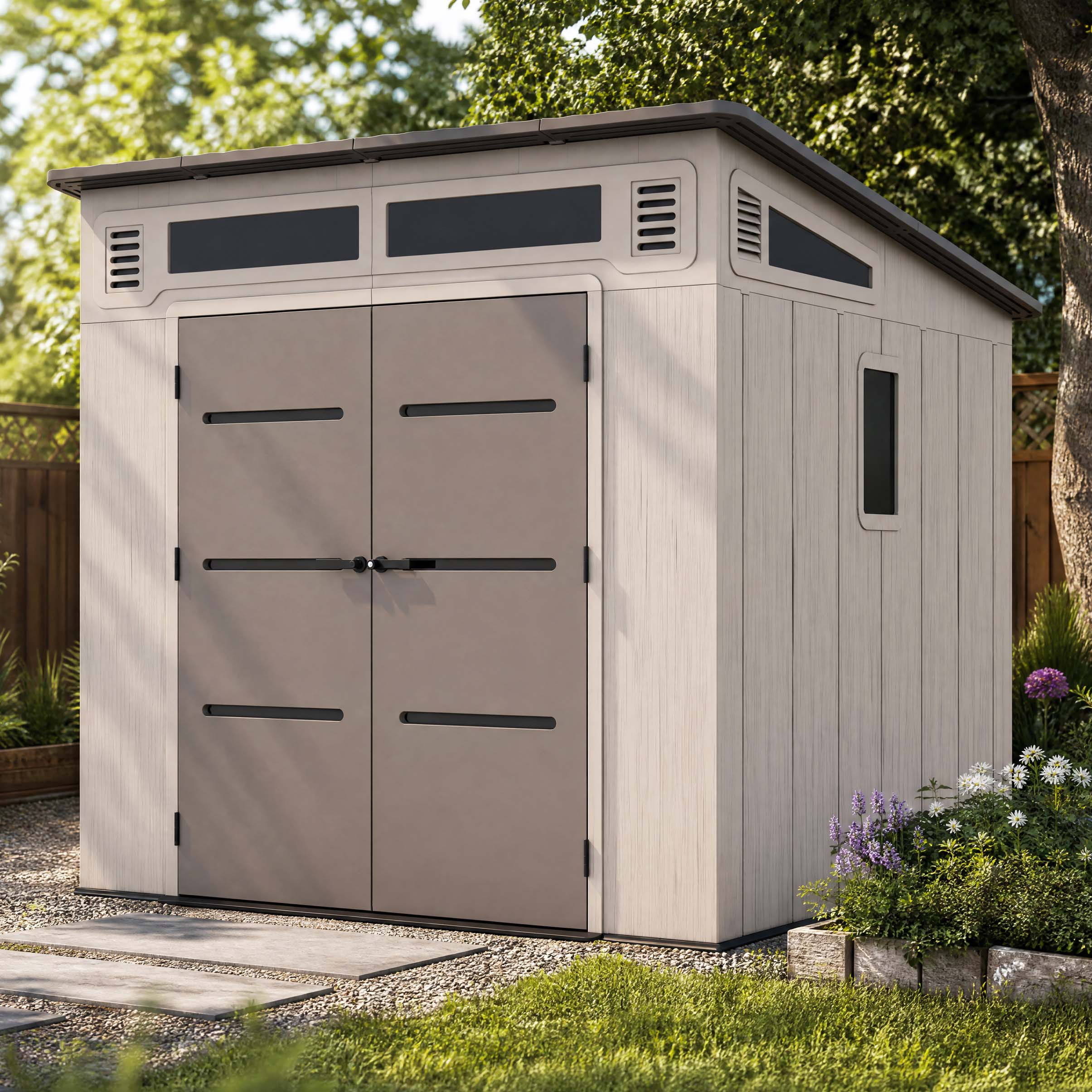 Zahradní domek CHESTER 8x8 Brown HARDMAISTER v béžovo-hnědé barvě s dvoukrídlovými dveřmi a okny na zahradě