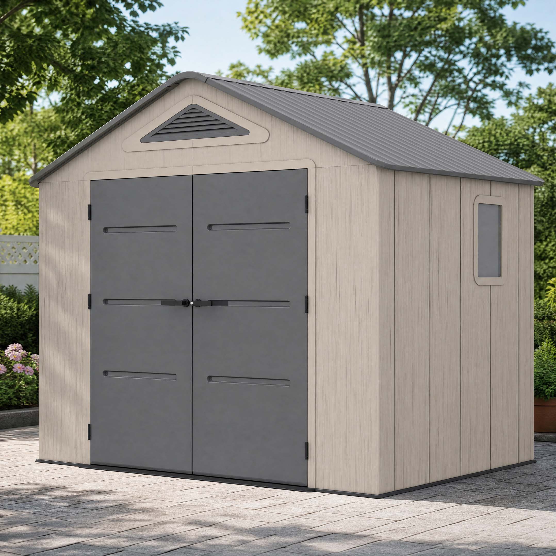 Zahradní domek EVEREST 8x6 Cold Grey od HARDMAISTER na venkovní terase u kamenné zdi