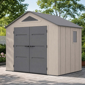 Zahradní domek EVEREST 8x6 Cold Grey od HARDMAISTER na venkovní terase u kamenné zdi