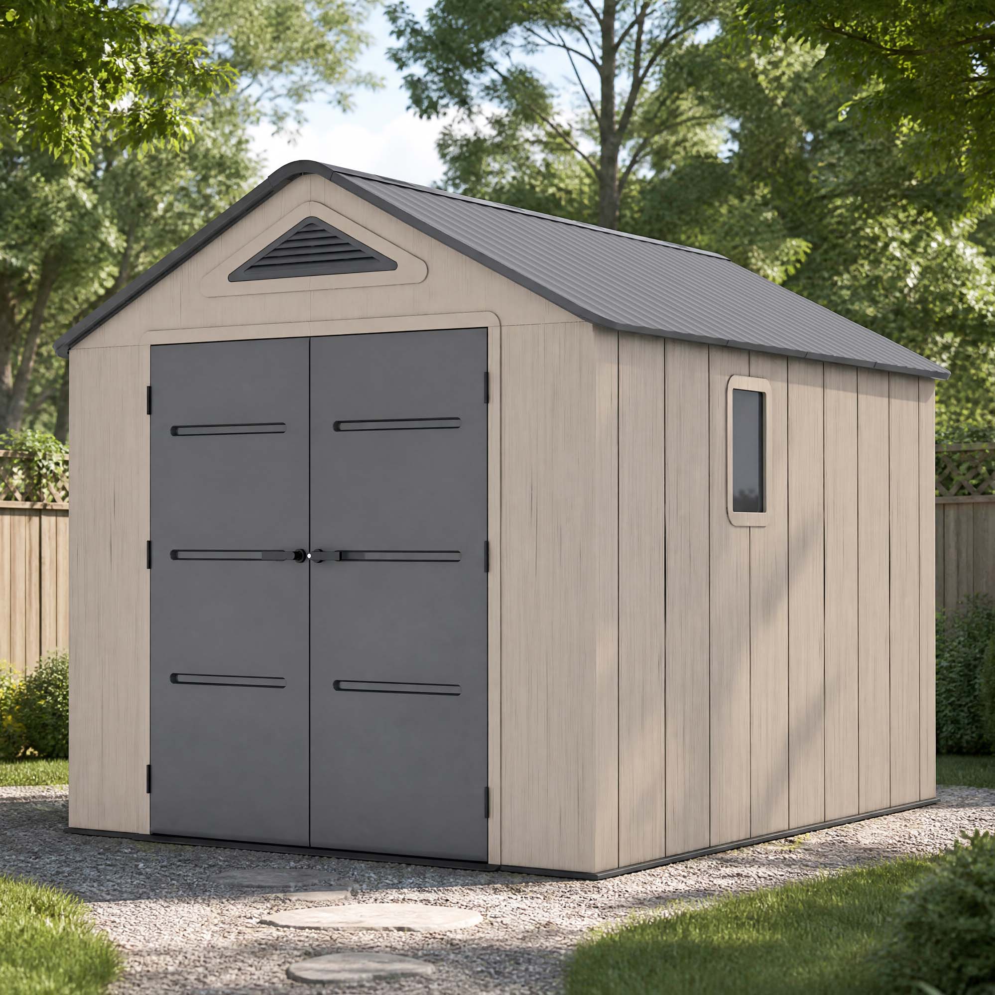 Zahradní domek EVEREST 8x10 Cold Grey HARDMAISTER na terase u kamenné zdi