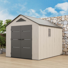 Zahradní domek EVEREST 8x10 Cold Grey HARDMAISTER na terase u kamenné zdi