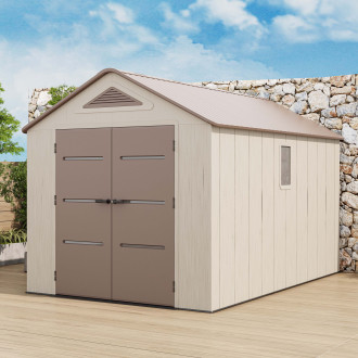 Zahradní domek EVEREST 8x12 Brown Hardmaister s dvoukřídlými dveřmi na zahradní terase