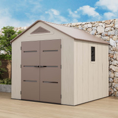 Zahradní domek EVEREST 8x8 Brown HARDMAISTER v béžovo-hnědé barvě s dvoukřídlými dveřmi na zahradní terase
