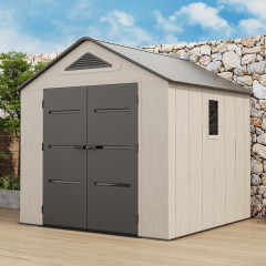 Zahradní domek EVEREST 8x8 Cold Grey od Hardmaister se šedými dvoukřídlými dveřmi na zahradní terase