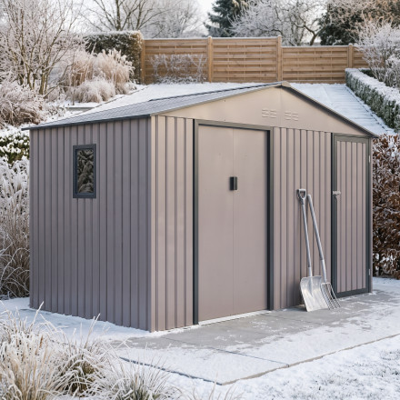 Šedý kovový zahradní domek Hardmaister FALCON 340x194 cm s dveřmi a oknem na černém pozadí