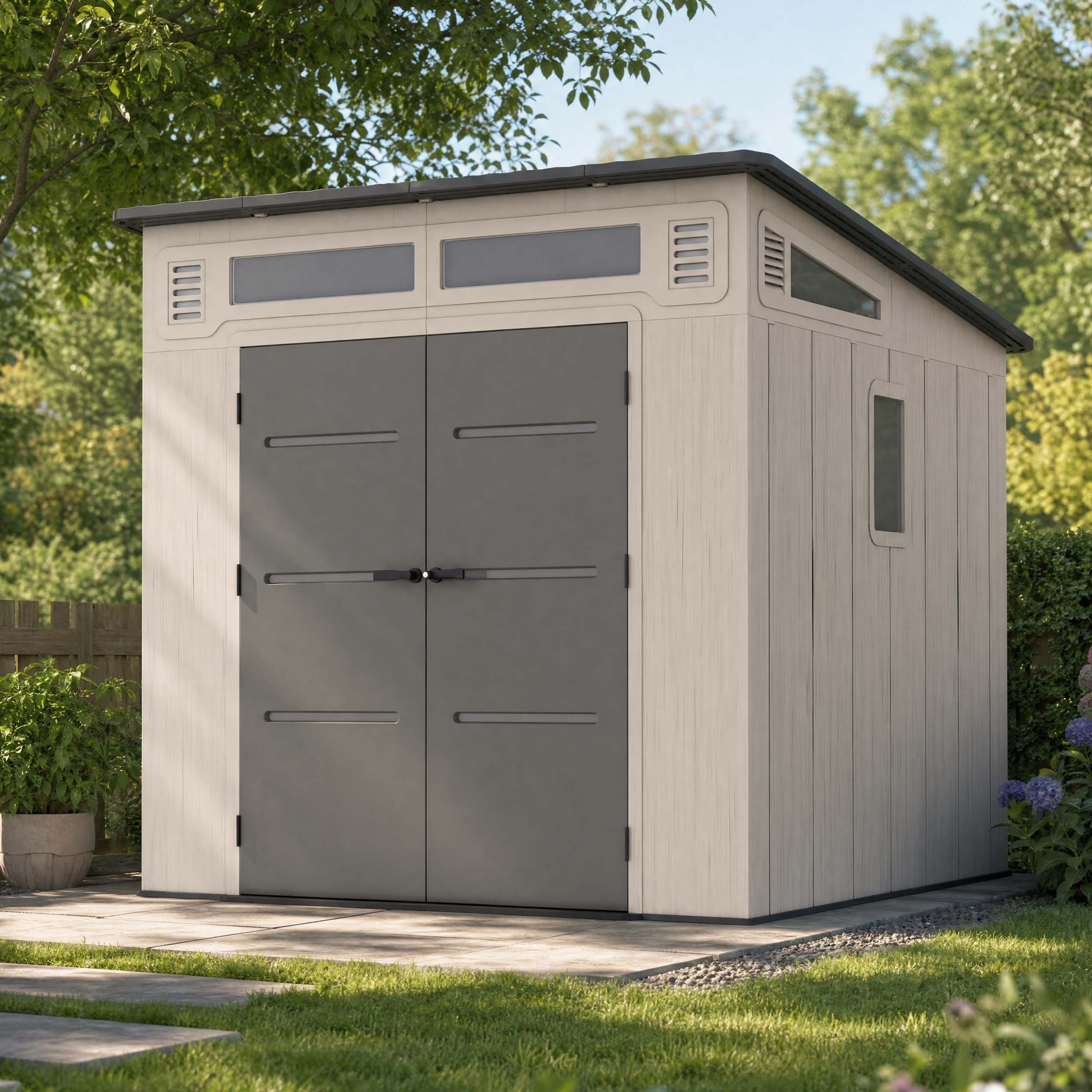 Zahradní domek CHESTER 8x8 Cold Grey v šedo-béžovém provedení s dvoukřídlými dveřmi situovaný na terase u kamenné zdi
