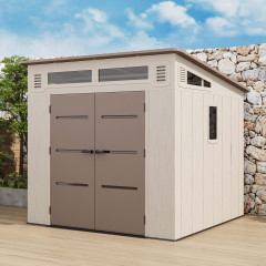 Zahradní domek CHESTER 8x8 Brown HARDMAISTER v béžovo-hnědé barvě s dvoukrídlovými dveřmi a okny na zahradě