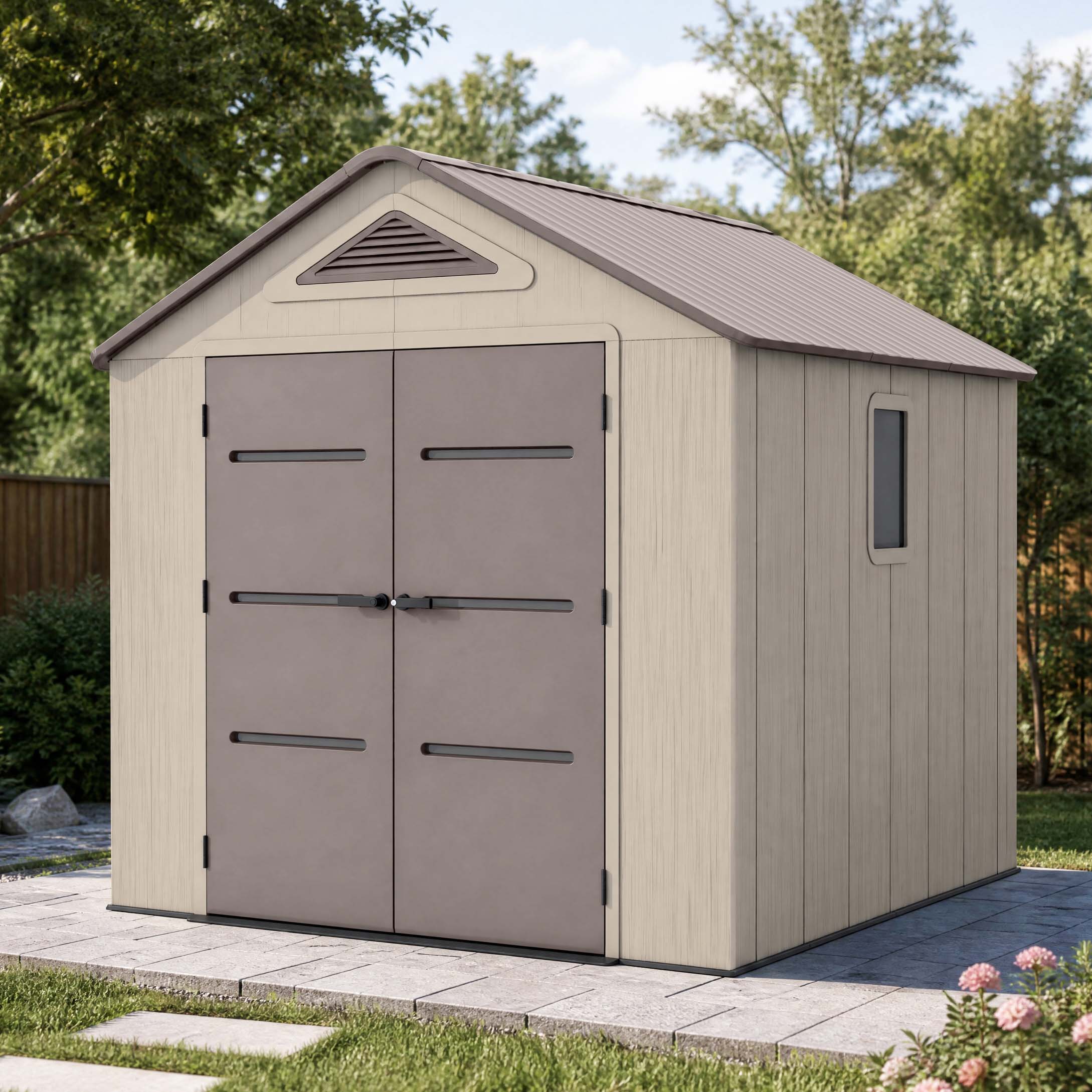 Zahradní domek EVEREST 8x8 Brown HARDMAISTER v béžovo-hnědé barvě s dvoukřídlými dveřmi na zahradní terase