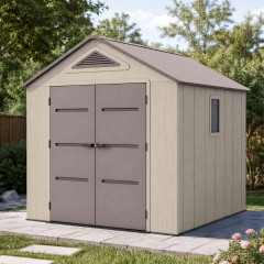 Zahradní domek EVEREST 8x8 Brown HARDMAISTER v béžovo-hnědé barvě s dvoukřídlými dveřmi na zahradní terase