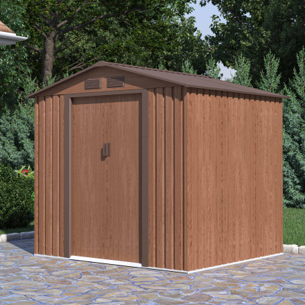Kovový zahradní domek VECTOR 7x6 Walnut s dvoukřídlými dveřmi a ventilačními otvory umístěný v zahradě na kamenné terase