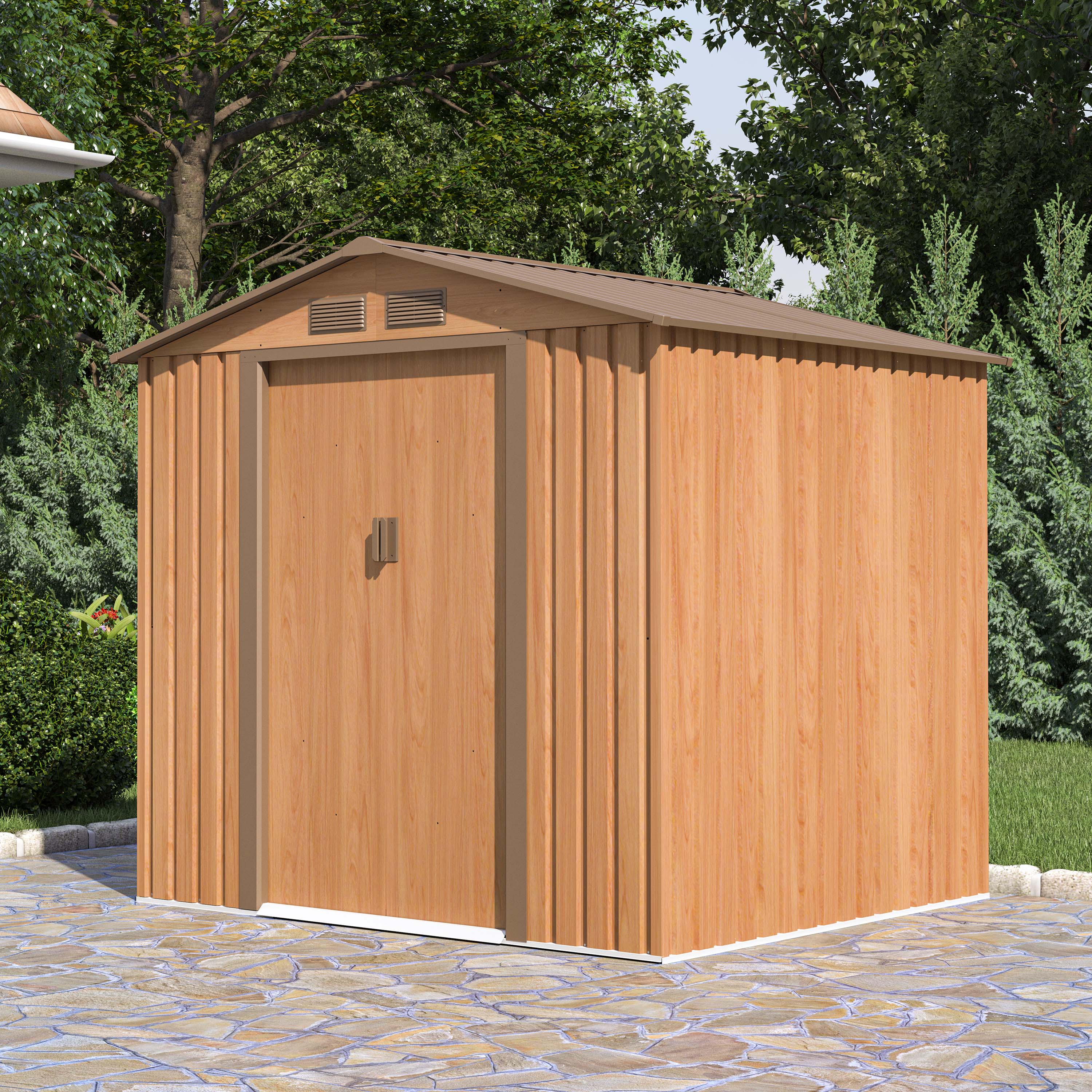 Kovový zahradní domek VECTOR 7x6 v barvě dubu a hnědé stojící na dlažbě v zahradě