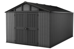 Šedý zahradní domek Keter STRONGHOLD SHED 10x15 s dvoukřídlými dveřmi a prosklením v horní části štítu