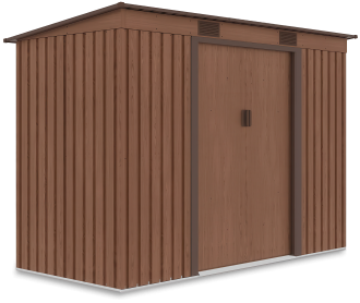 Kovový domek na nářadí Hardmaister OREGON 261x121 cm v hnědé barvě s imitací dřeva a posuvnými dveřmi na černém pozadí