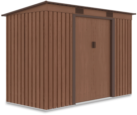 Kovový domek na nářadí Hardmaister OREGON 261x121 cm v hnědé barvě s imitací dřeva a posuvnými dveřmi na černém pozadí