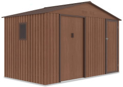 Kovový domek na nářadí FALCON 340x194 cm ořech v barvě dřeva se sedlovou střechou a dveřmi na izolovaném bílém pozadí