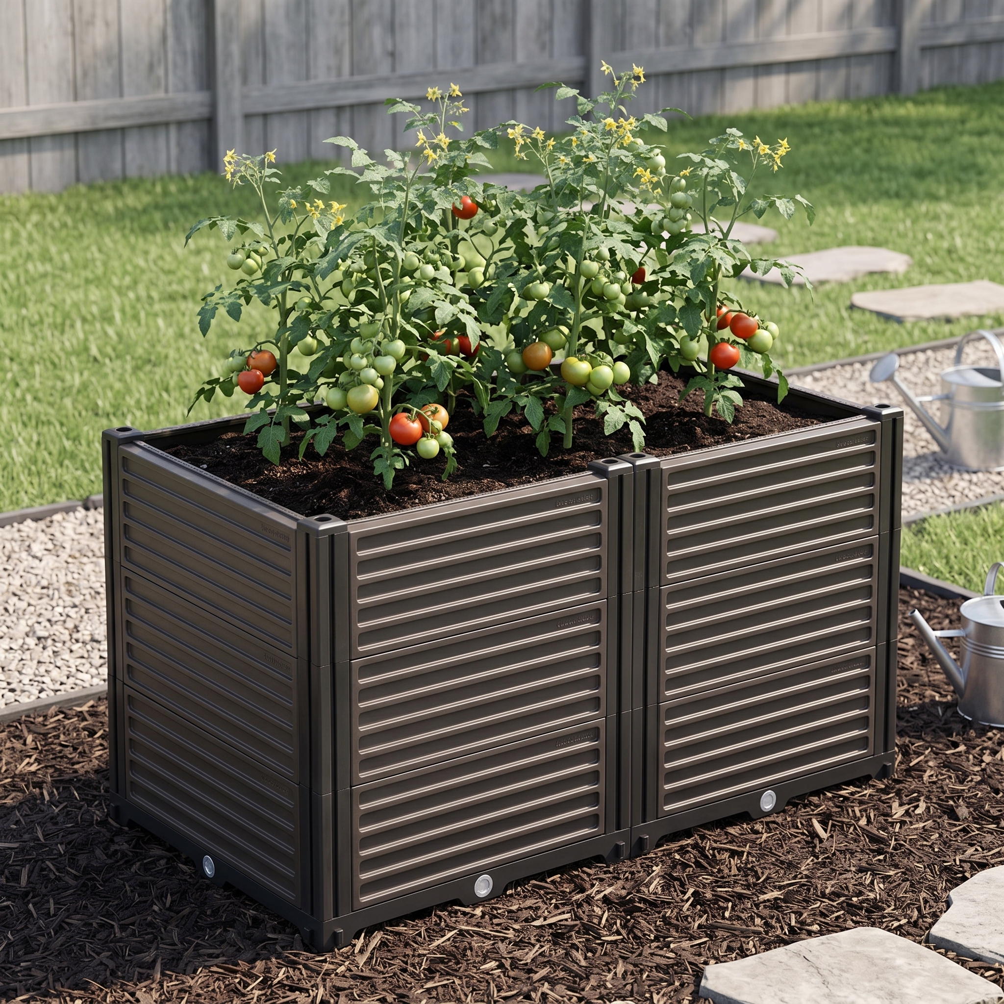 Pěstební stanice GROW BOX PLUS M s rajčaty v hnědém provedení na terasové dlažbě