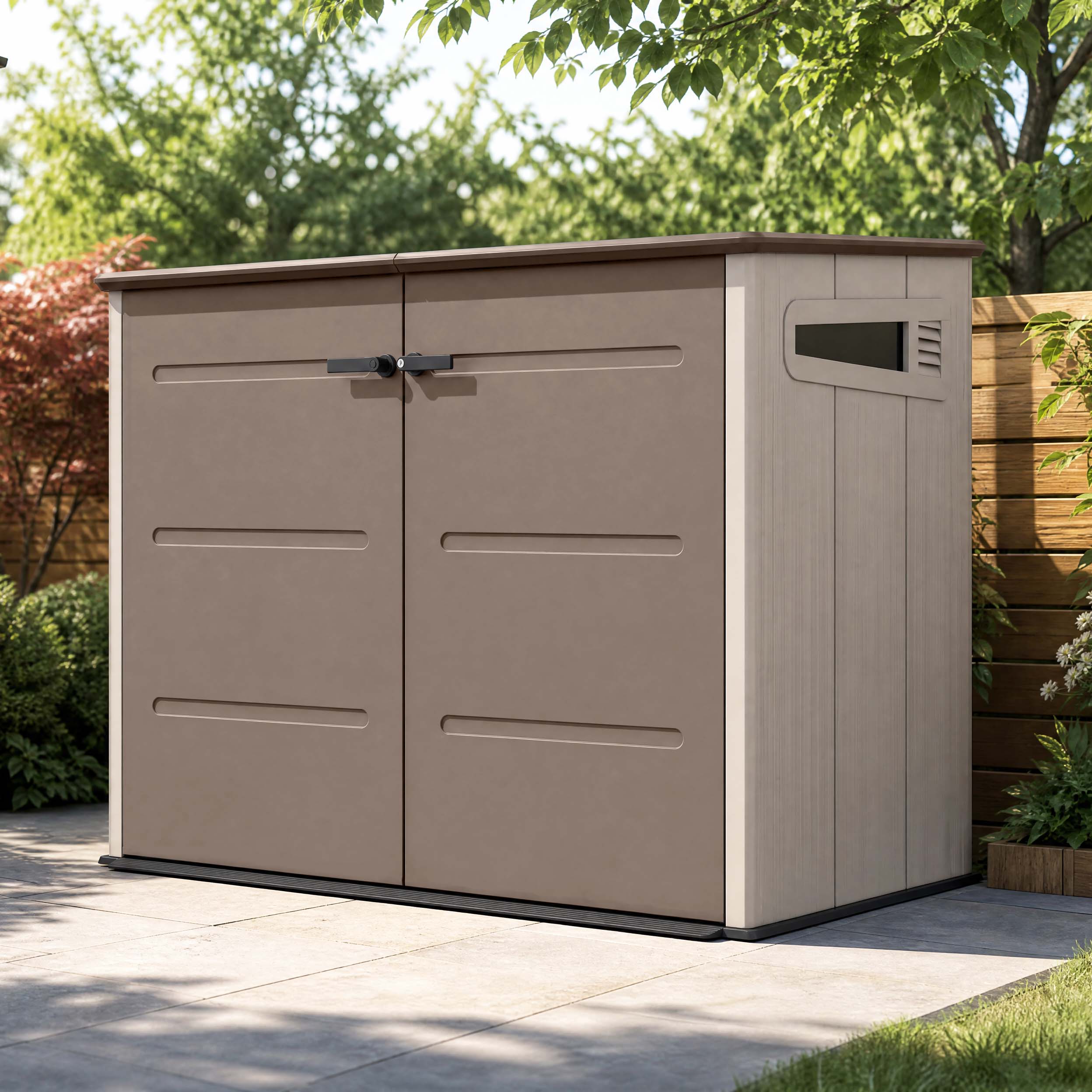 Zahradní domek TAHOMA 6.4x3.8 Brown v hnědé barvě stojící na terase u kamenné zdi