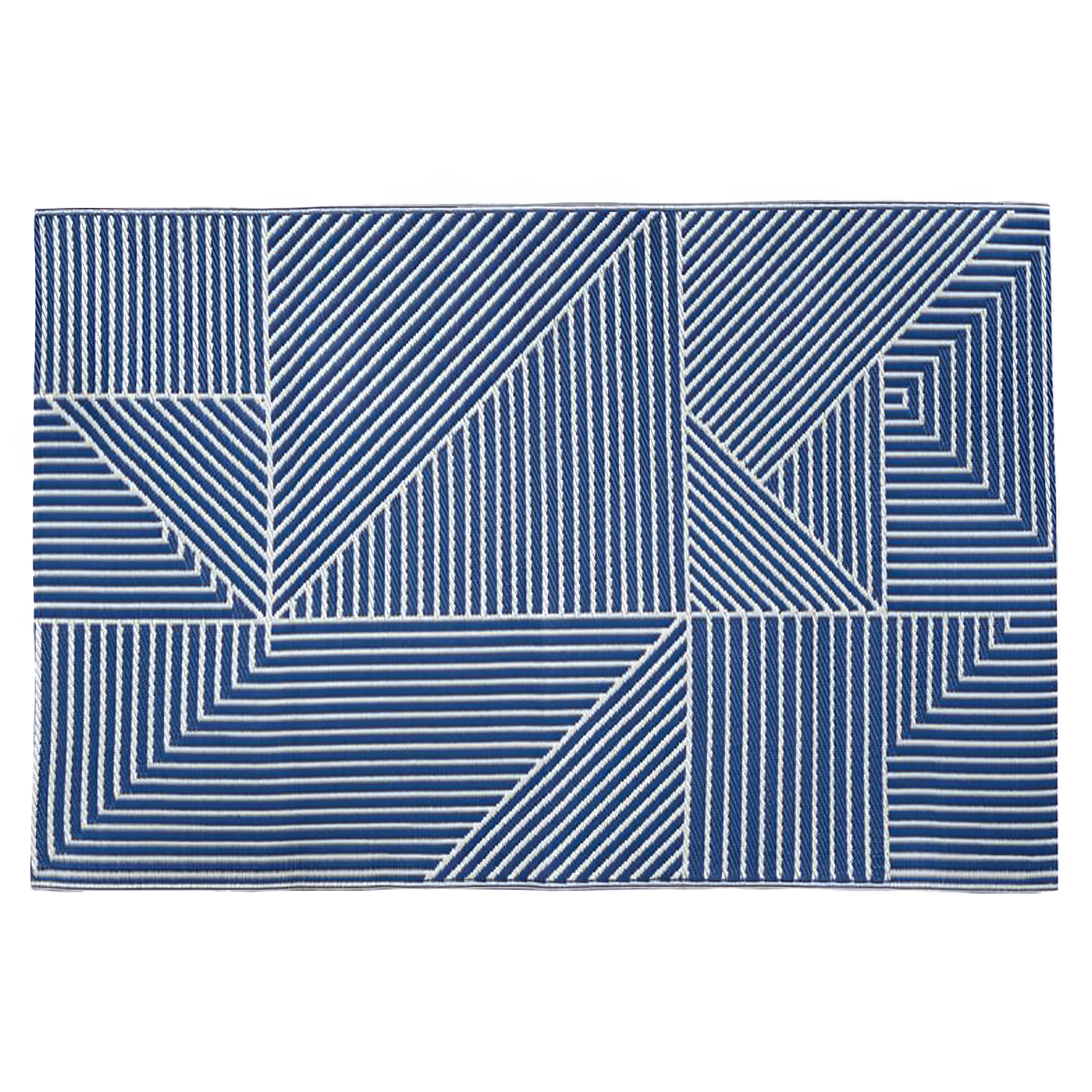 Terasaový koberec Linear Blue 120x180cm s modrobílým geometrickým vzorem pruhů na obdélníkové ploše