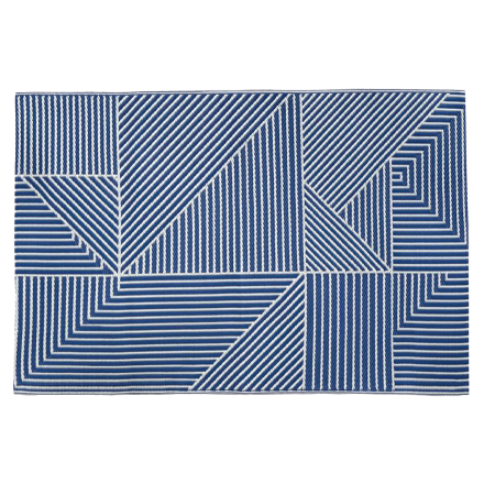 Terasaový koberec Linear Blue 120x180cm s modrobílým geometrickým vzorem pruhů na obdélníkové ploše