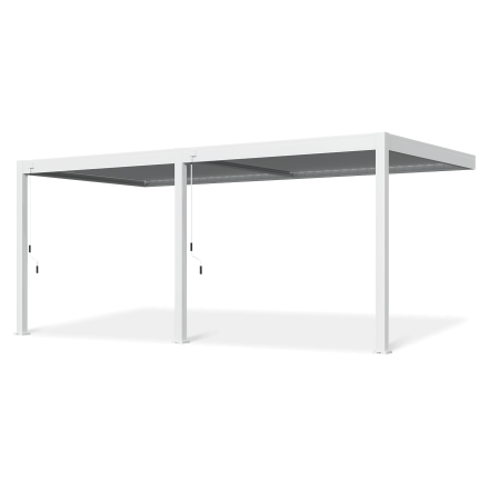 Bílá zahradní pergola ELEGANCE WALL 3x6 s nastavitelnou střechou na černém pozadí