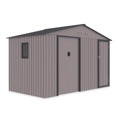 Šedý kovový zahradní domek Hardmaister FALCON 340x194 cm s dveřmi a oknem na černém pozadí