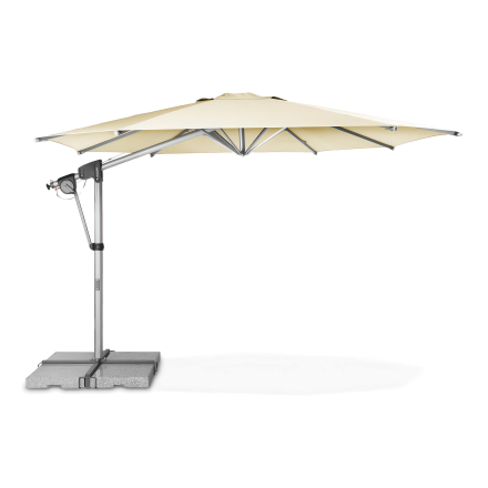 beżowy parasol ogrodowy na granitowej podstawie